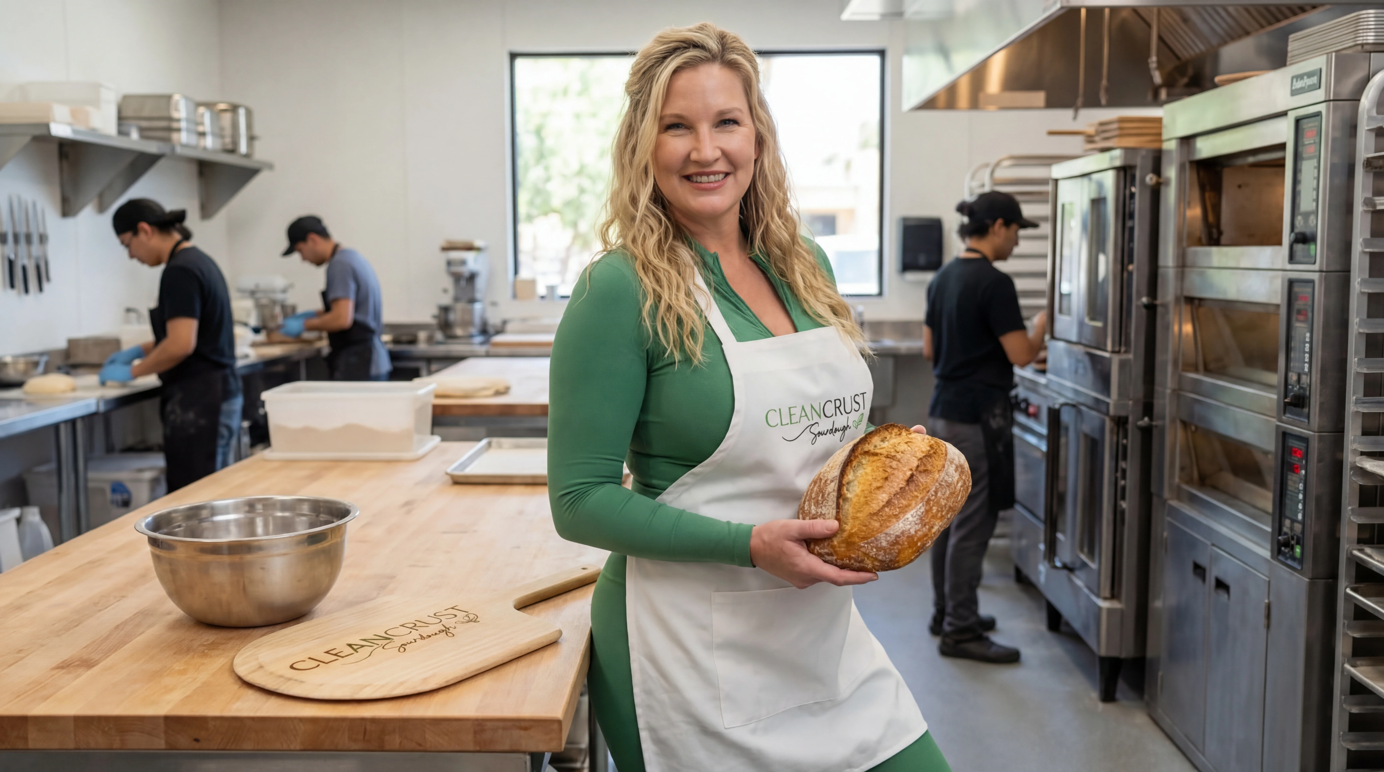 Baker holding fresh sourdough loaves